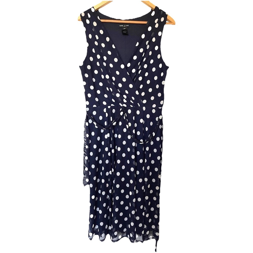Kate and Lily Womens Polka Dot Stretch Belt Midi Dress Size 12 Blue‎ Work Party